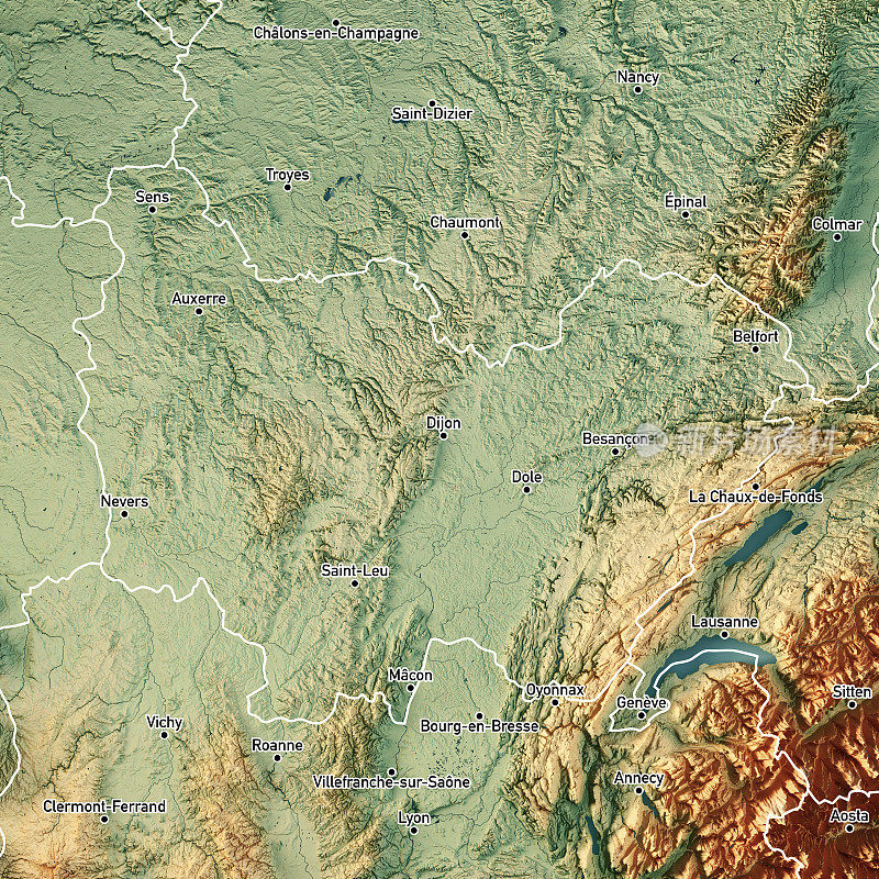 Bourgogne franz Comte 3D渲染地形图颜色边界城市